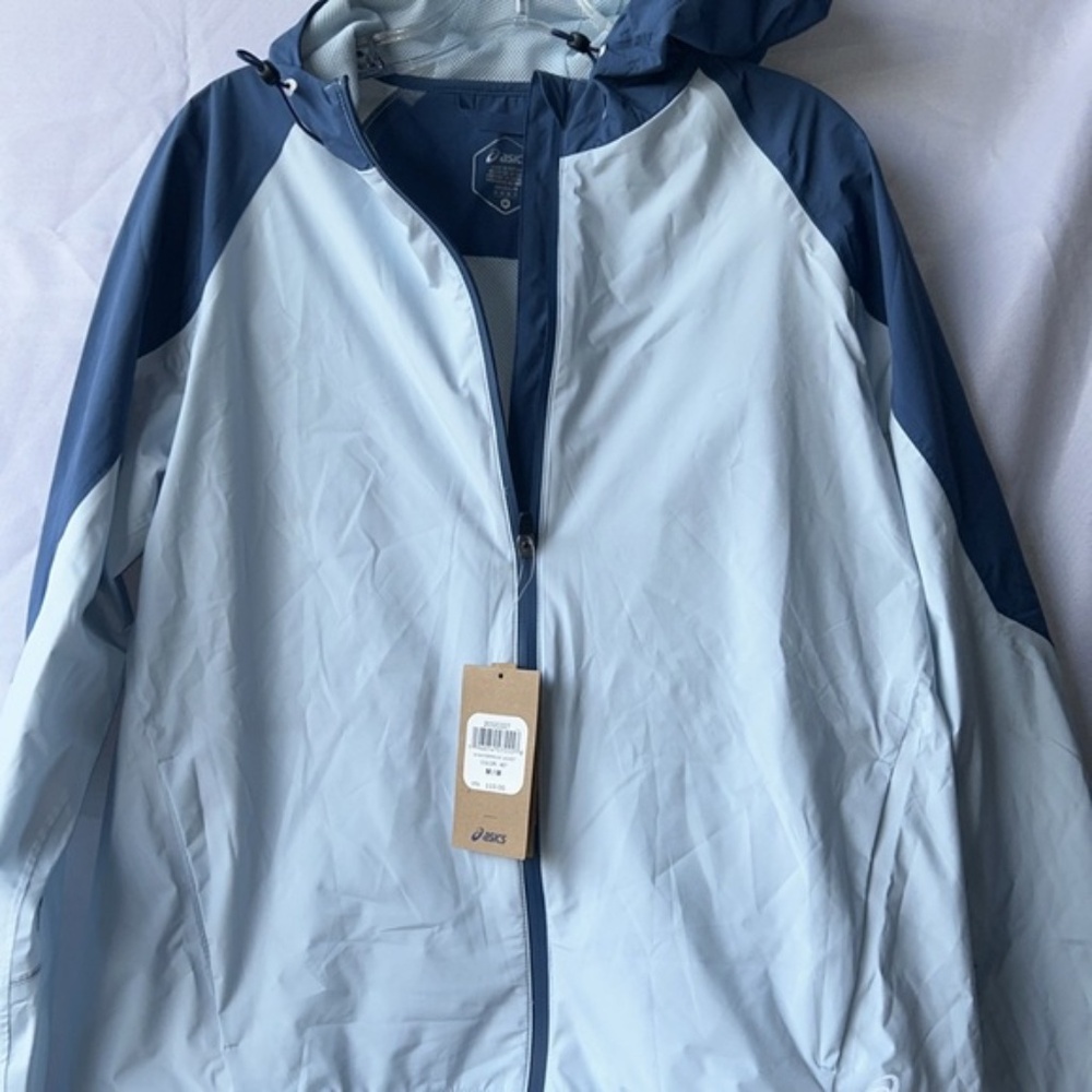 Asics Waterproof Jacket Womens 2XL Blue Hooded Full Zip Running Rain Coat NEW